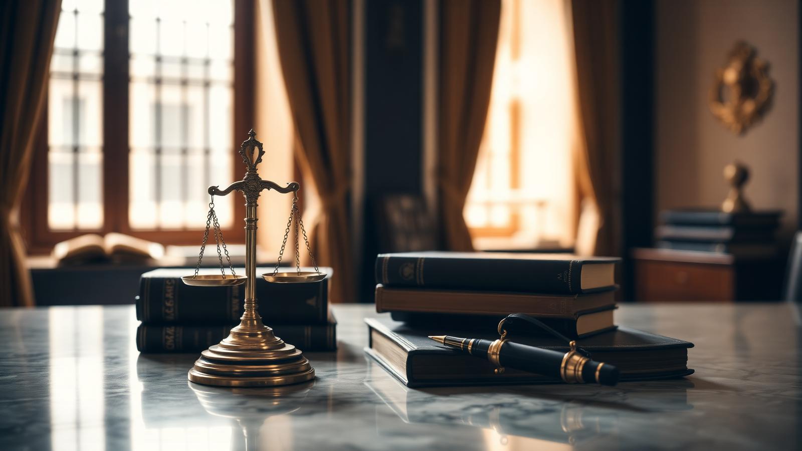 Antique brass scales of justice and law books on a marble desk