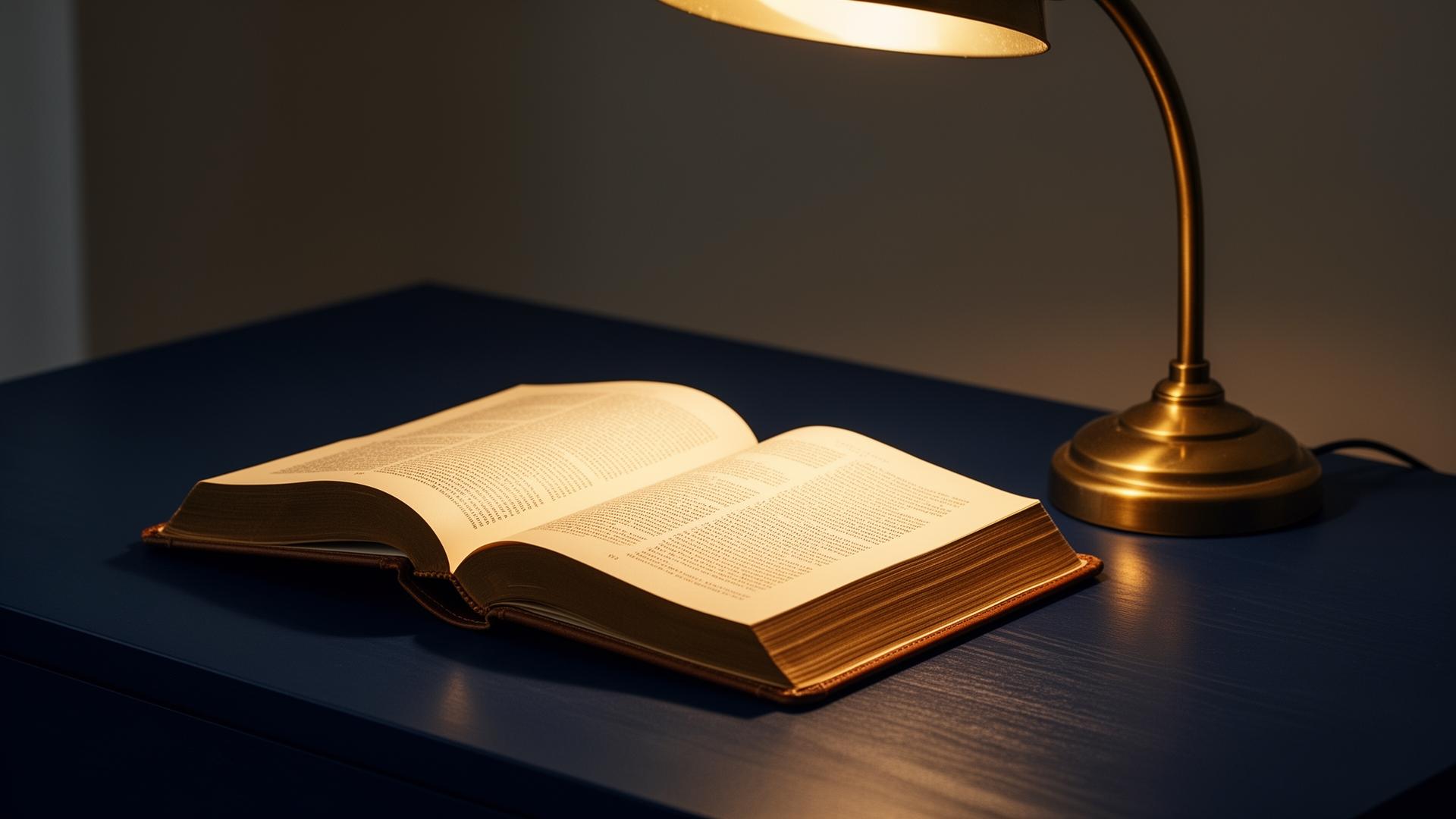 Open law book under a brass reading lamp