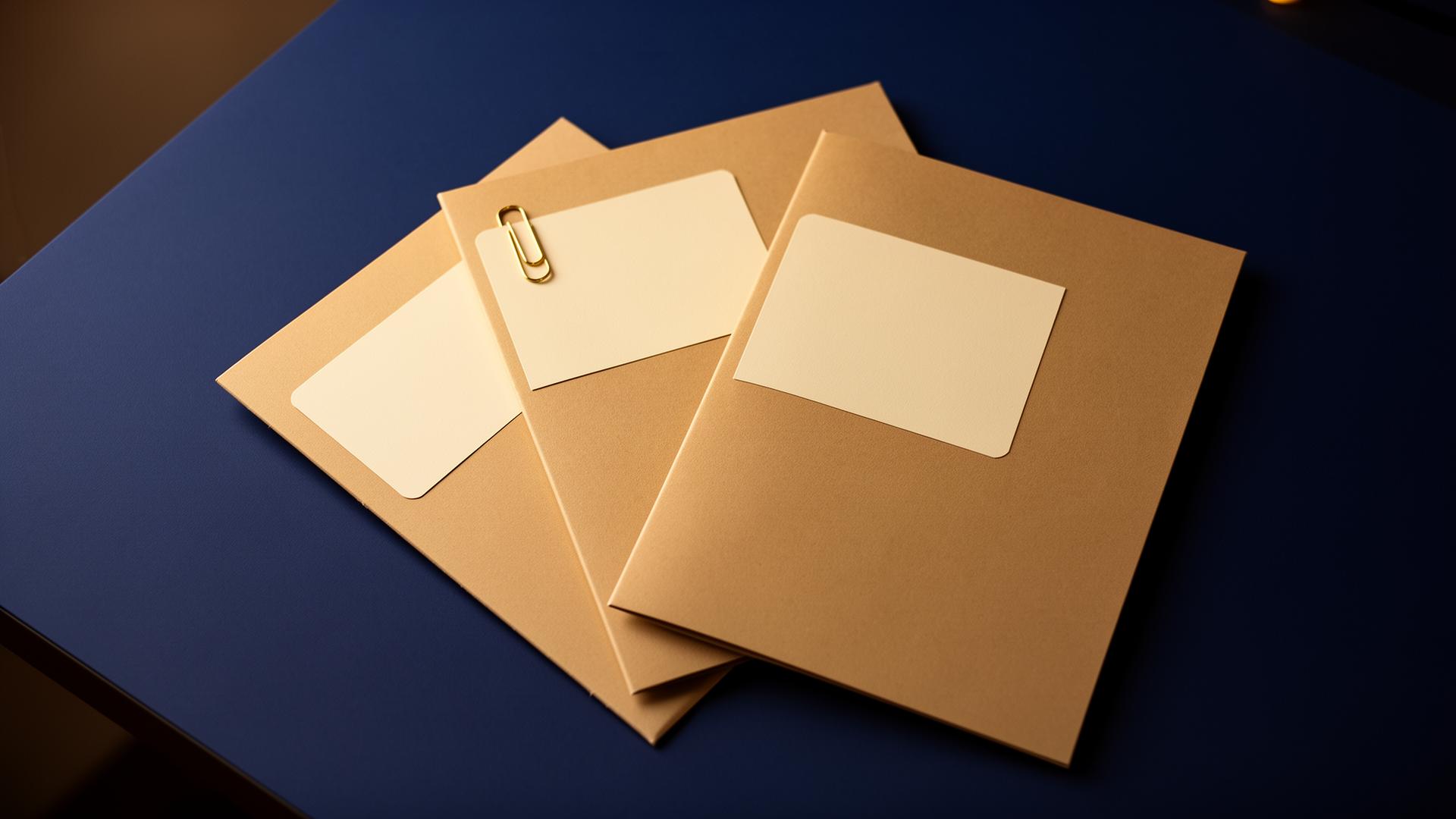 Three manila folders fanned out on a navy desk with a gold paper clip