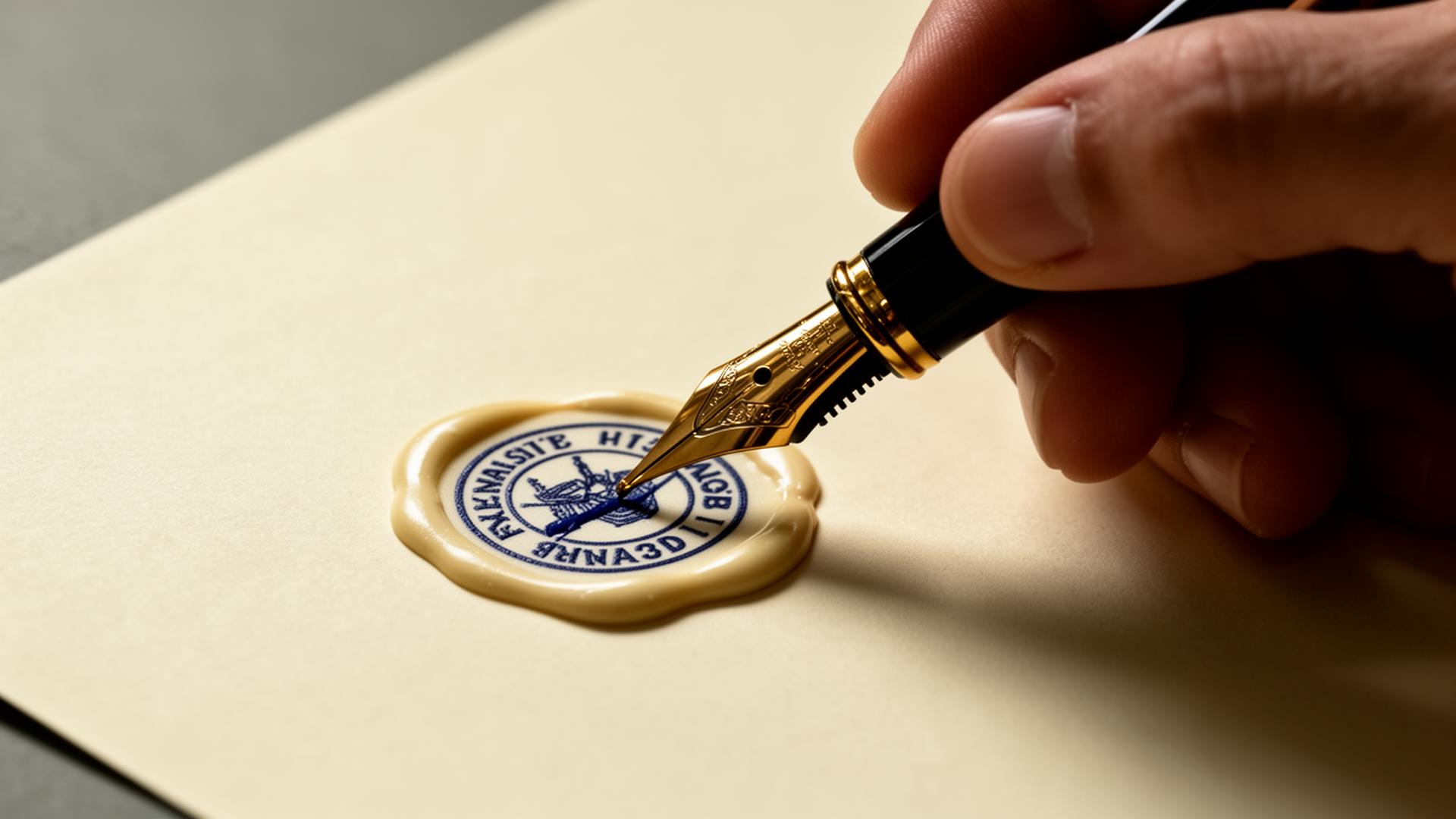 Fountain pen signing a wax-sealed legal document