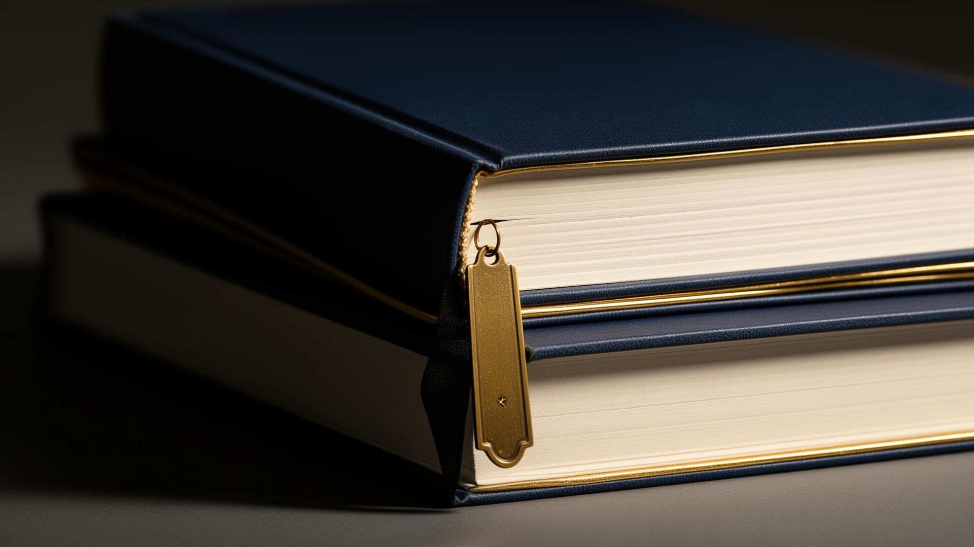 Stack of navy hardcover legal books with a brass bookmark