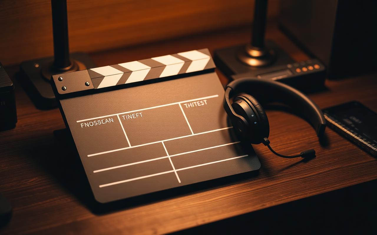 Film clapperboard and wireless headphones on a dark walnut desk