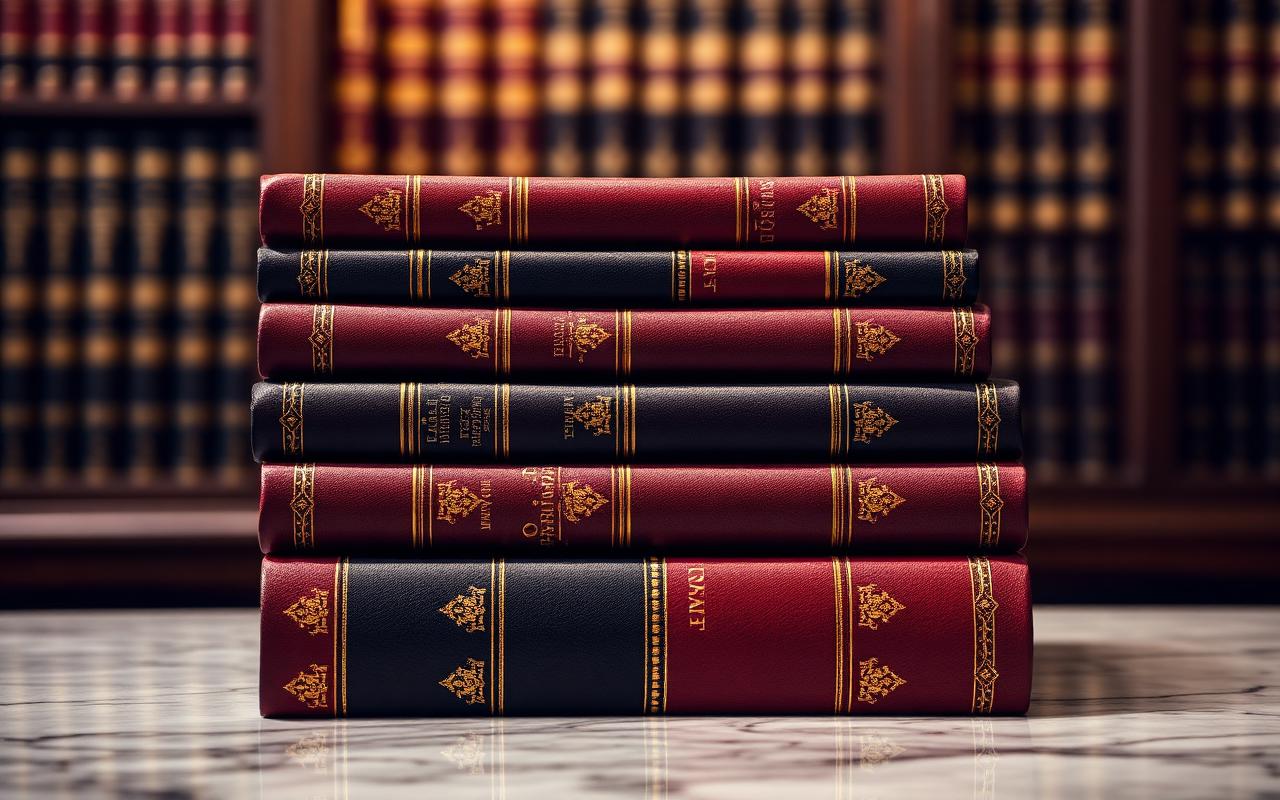 Stack of navy and burgundy leather-bound law books on marble