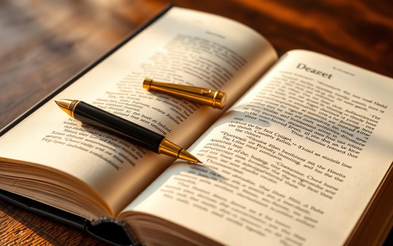 Open hardcover book with fountain pen and bookmark in warm light