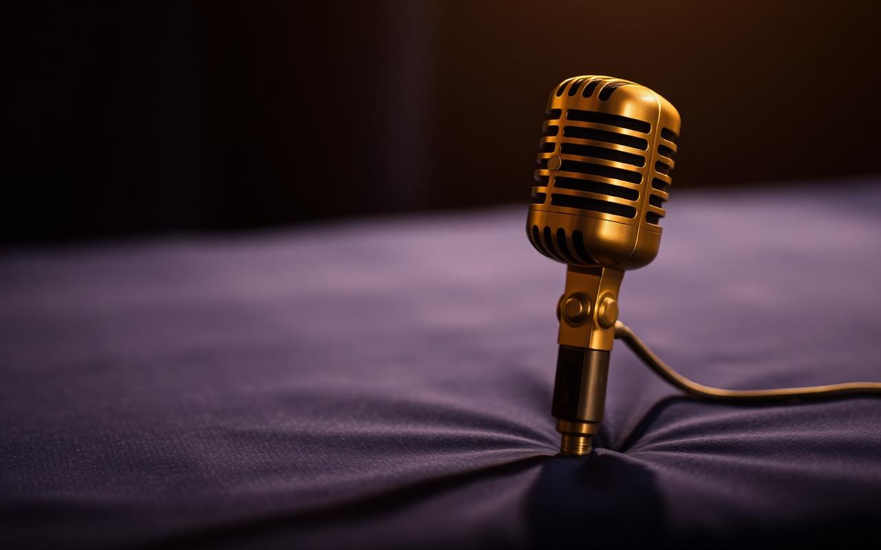 Vintage brass microphone on navy velvet